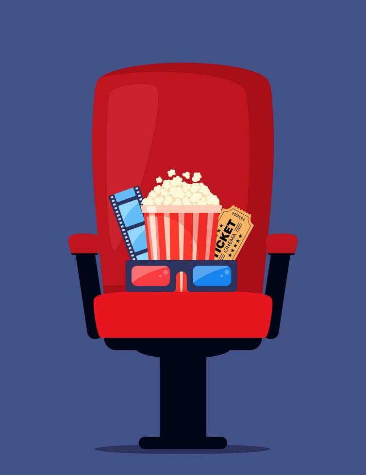 rouge cinéma fauteuil avec un soda, pop corn et 3d lunettes. cinéma affiche, bannière conception pour film théâtre. vecteur illustration.