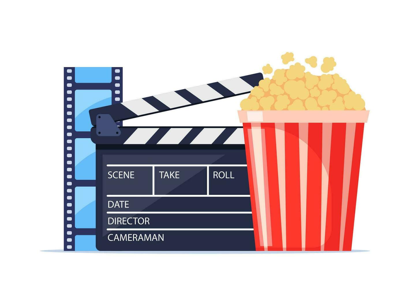 film temps. composition avec Popcorn, clap, 3d des lunettes et pellicule. cinéma affiche, bannière conception pour film théâtre. vecteur illustration.