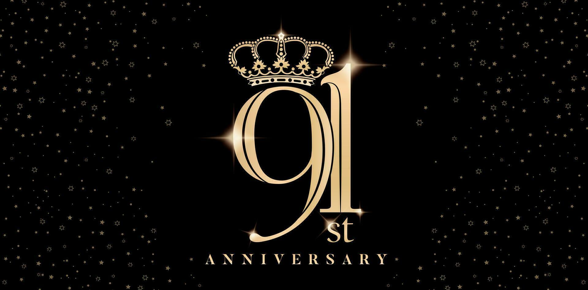 91e anniversaire symbole avec couronne et pétillant briller isolé noir arrière-plans. en vigueur pour salutation cartes, invitation, mariage anniversaire , bannière et fête entreprise ou affaires vecteur