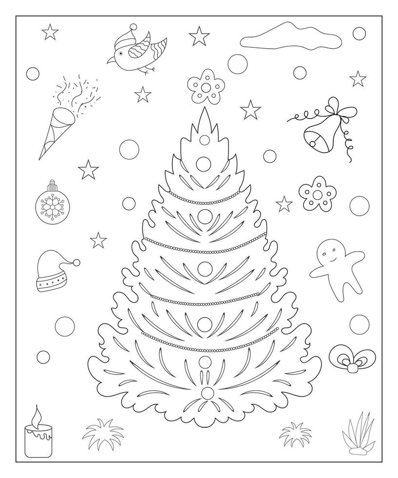 coloration page de une décoré Noël arbre avec cadeaux. vecteur noir et blanc illustration sur blanc Contexte.