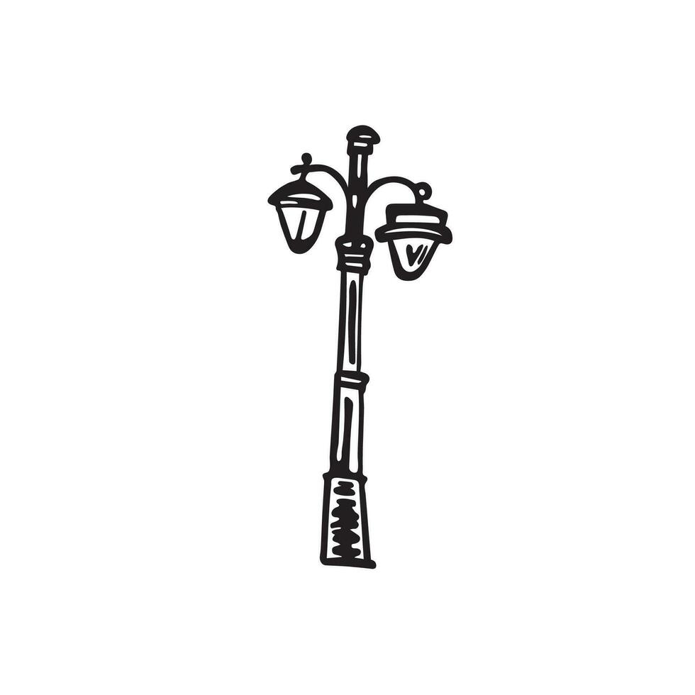 jeter une chaud et nostalgique lueur avec cette ancien rue lumière griffonnage. laisser ses intemporel charme éclairer souvenirs de journées disparu par. vecteur noir et blanc illustration de une rue lanterne.