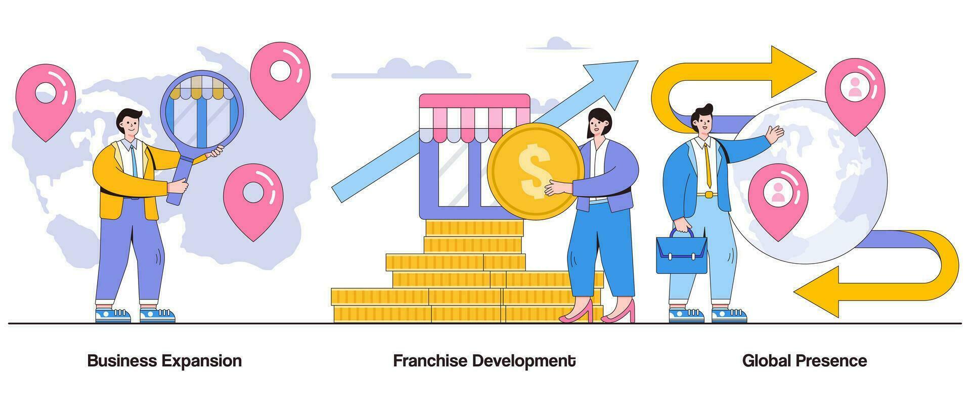 affaires expansion, la franchise développement, global présence concept avec personnage. la franchise croissance abstrait vecteur illustration ensemble. affaires évolutivité, marque la réplication, marché pénétration