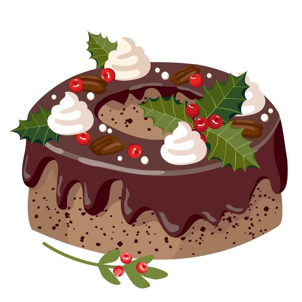 Chocolat Noël gâteau avec Meringue et houx. une de fête gâteau avec Chocolat glaçage et Meringue décoration. illustré vecteur clipart.