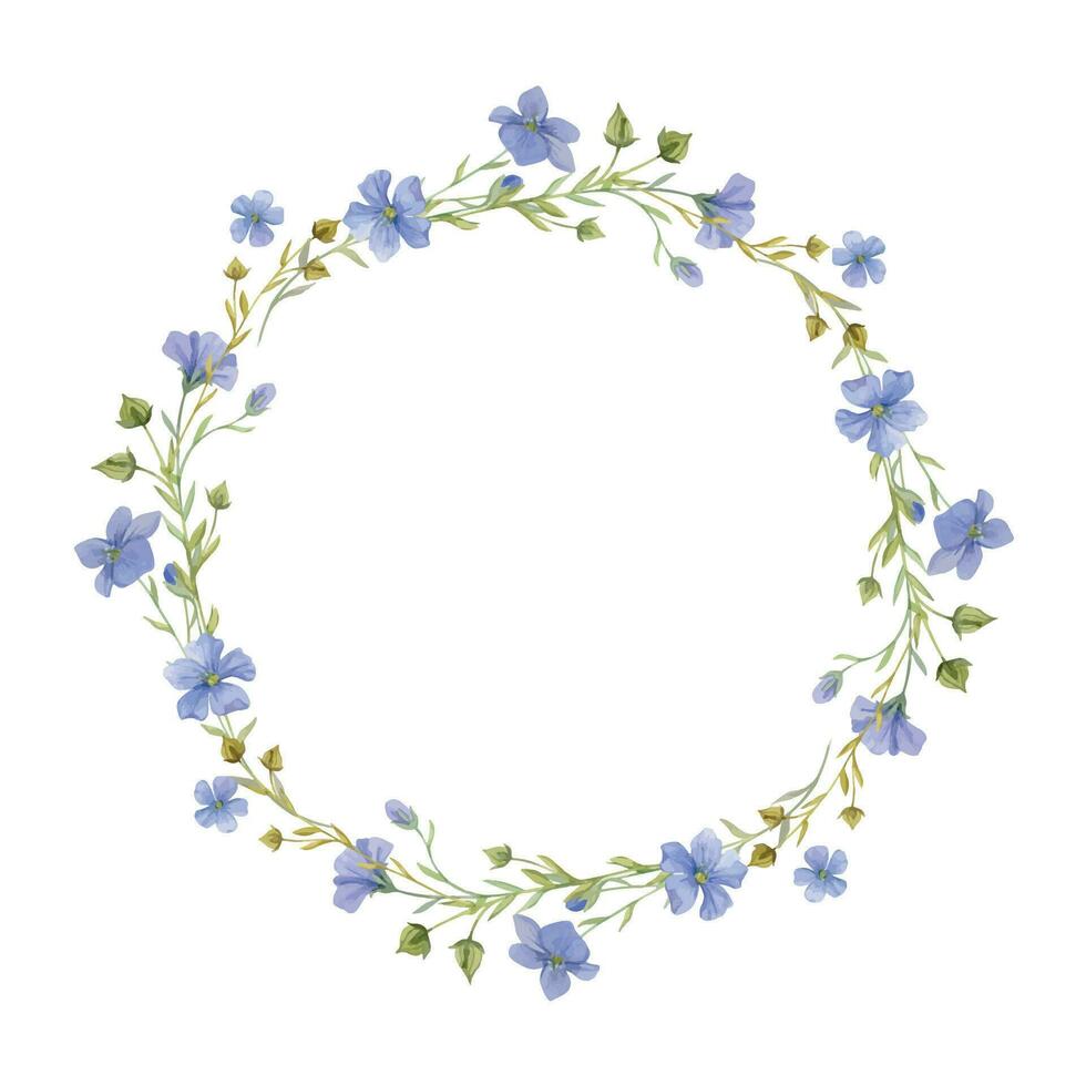 main tiré aquarelle lin lin bleu fleurs, tiges et feuilles. Naturel plante. botanique illustration, cercle couronne Cadre isolé sur blanc Contexte. pour magasin logo imprimer, site Internet, carte, brochure. vecteur