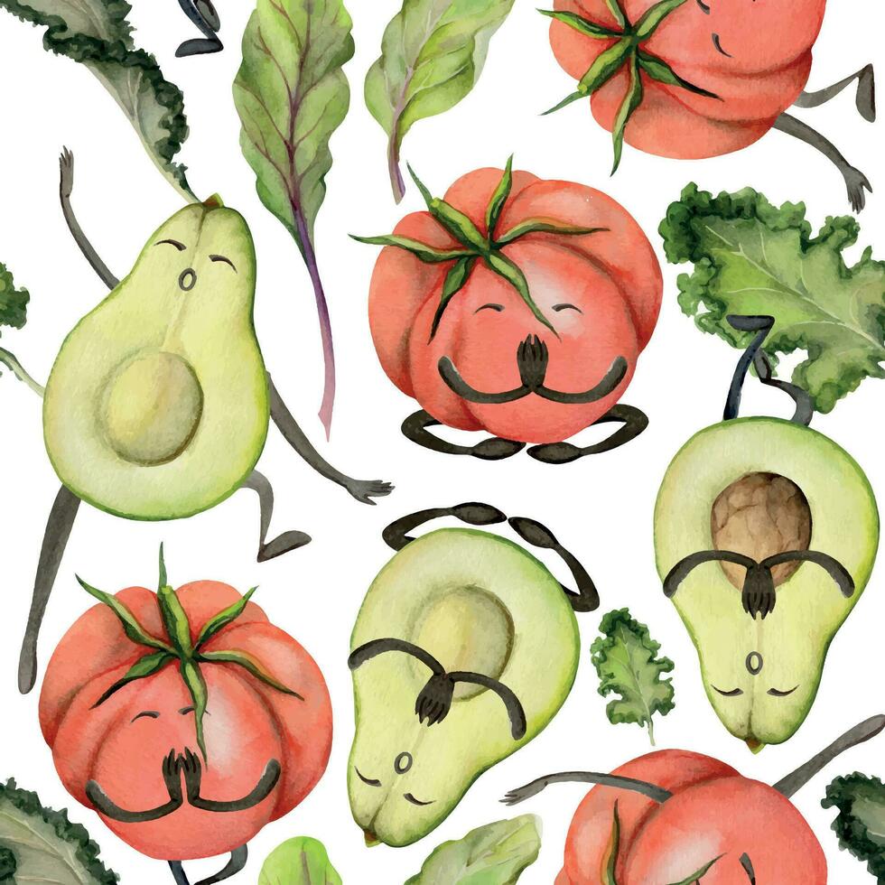 main tiré aquarelle des sports formation et exercer, des légumes Faire yoga, santé aptitude mode de vie. illustration isolé sans couture modèle blanc Contexte. conception affiche, imprimer, site Internet, carte, magasin vecteur