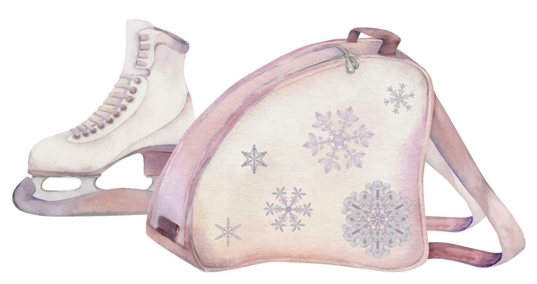 main tiré aquarelle sac sac à dos pour figure patinage bottes, hiver des sports équipement. illustration isolé objet, blanc Contexte. conception affiche, imprimer, site Internet, carte, invitation, magasin brochure vecteur