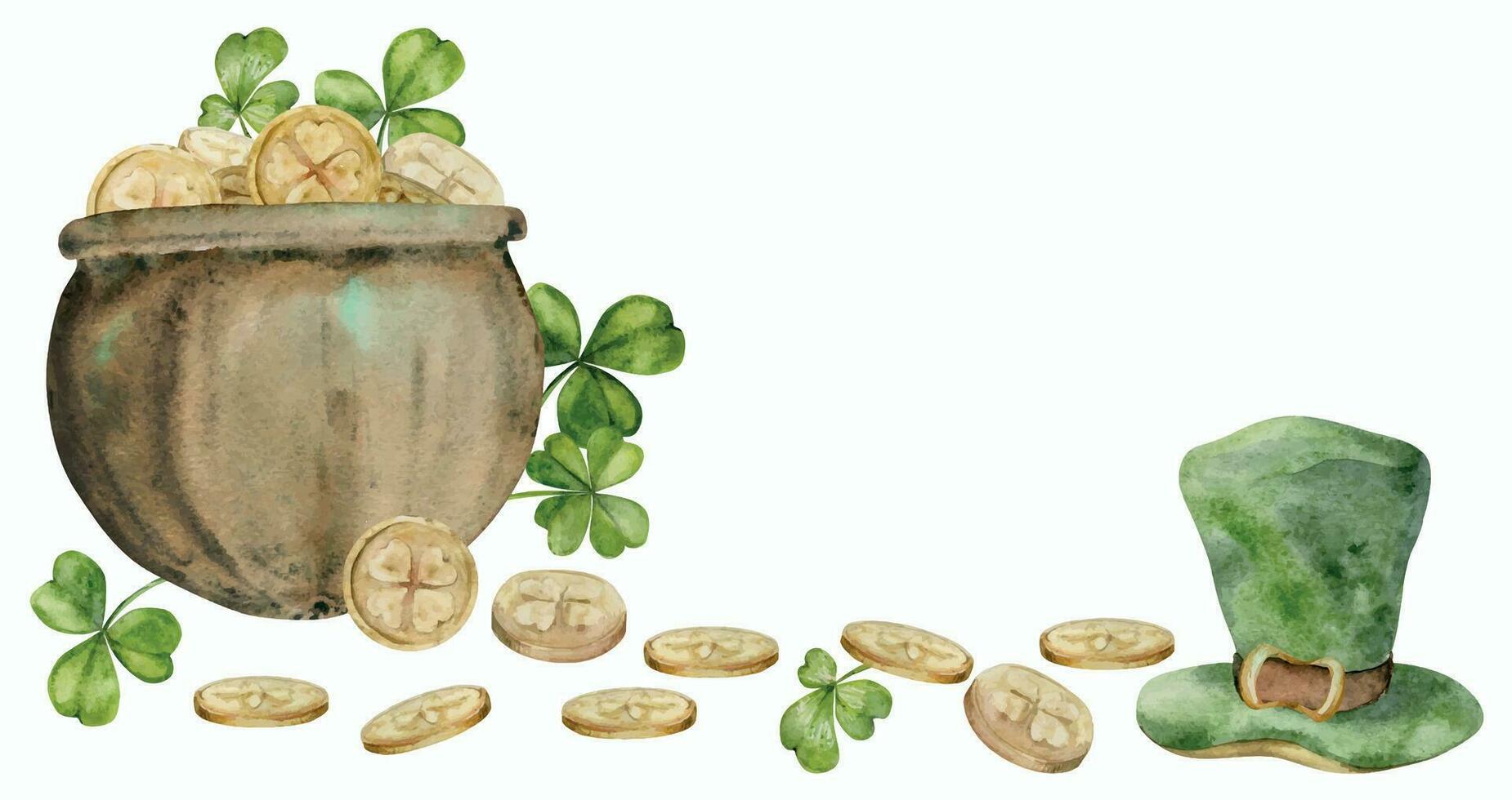 aquarelle main tiré illustration, Saint patrick vacances. lutin pot, or pièces de monnaie, vert chapeau, chanceux trèfle. Irlande tradition. isolé sur blanc Contexte. pour faire-part, imprimer, site Internet, cartes. vecteur