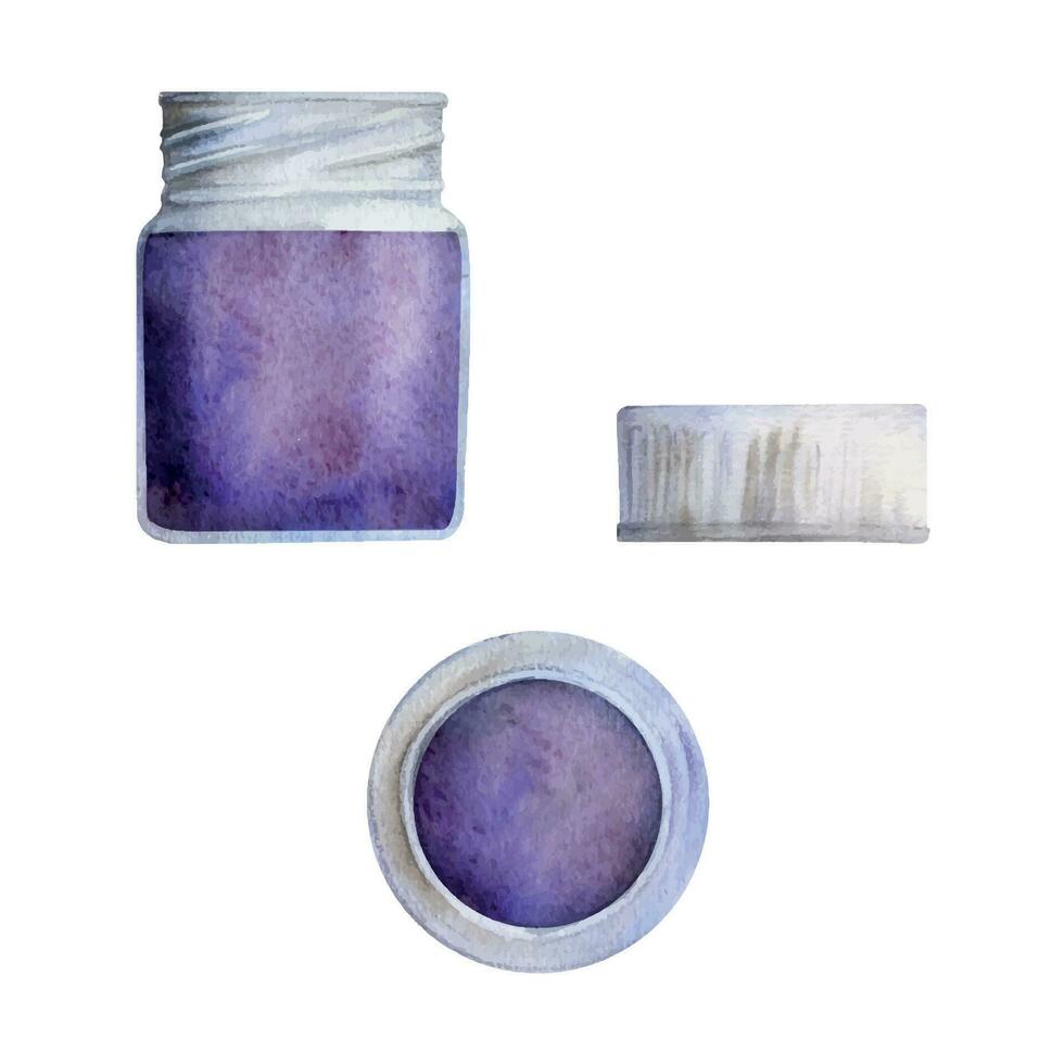 aquarelle main tiré illustration, des gamins les enfants peindre matériaux fournitures, violet Couleur bouteille avec casquette, ouvert. Célibataire objet isolé sur blanche. pour école, Jardin d'enfants, faire la fête, cartes, site Internet, magasin vecteur