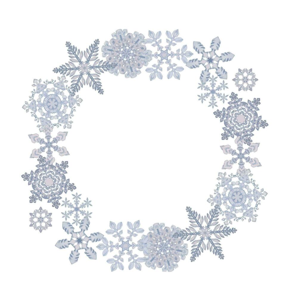 main tiré aquarelle flocons de neige, bleu l'eau la glace cristaux congelé dans l'hiver. illustration isolé cercle couronne cadre, blanc Contexte. conception pour vacances affiche, imprimer, site Internet, carte, invitation vecteur