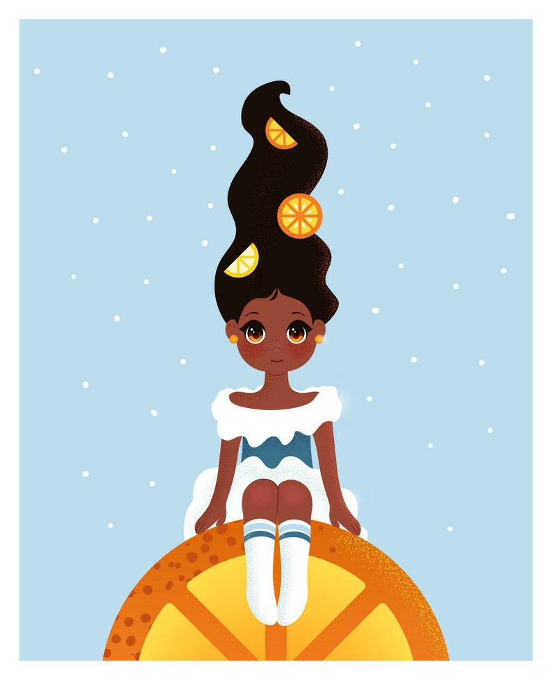 illustration avec peu africain américain fille séance sur une tranche de orange. dessin animé affiche dans plat style avec enfant et tropical des fruits. coloré vecteur art pour imprimer, carte postale, fête.