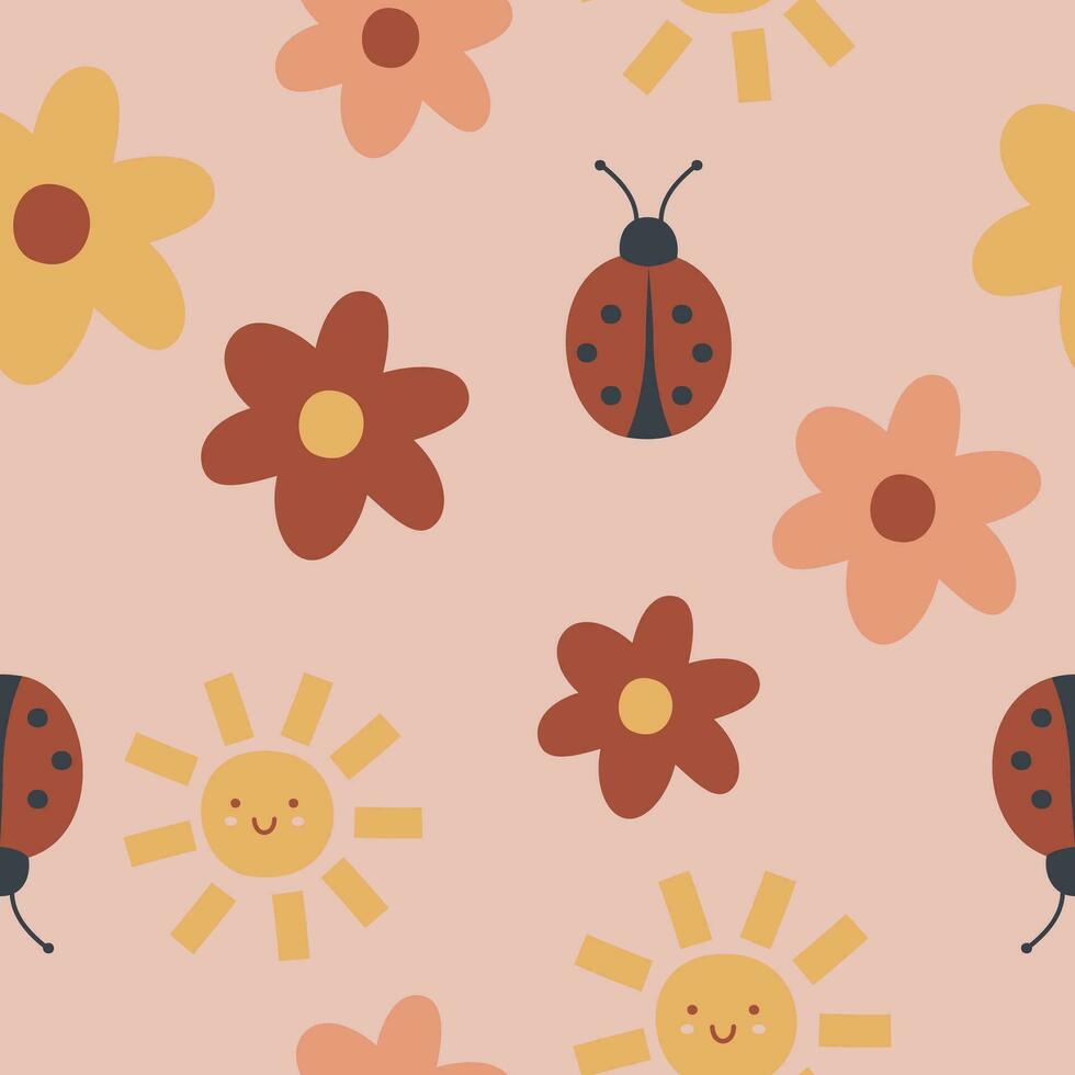 mignonne sans couture modèle avec fleurs, coccinelle et Soleil vecteur illustration