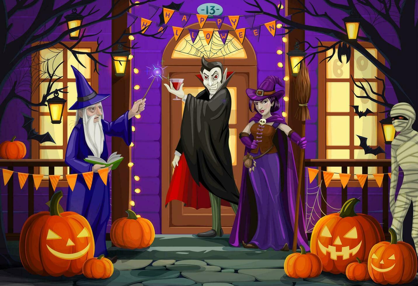 Halloween vacances personnages sur porche à le porte vecteur