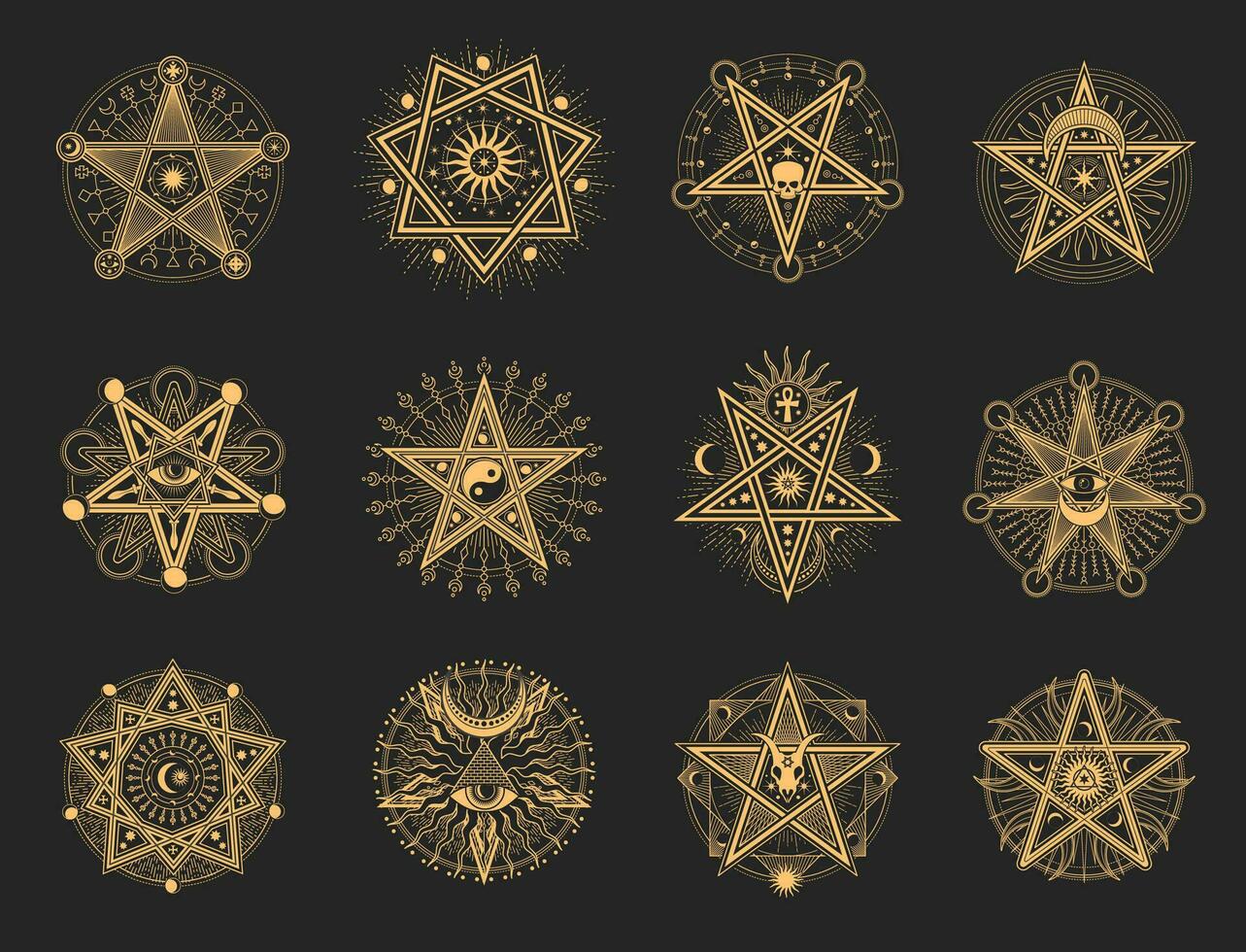 ésotérique occulte pentagrammes, le maçon ou tarot symboles vecteur