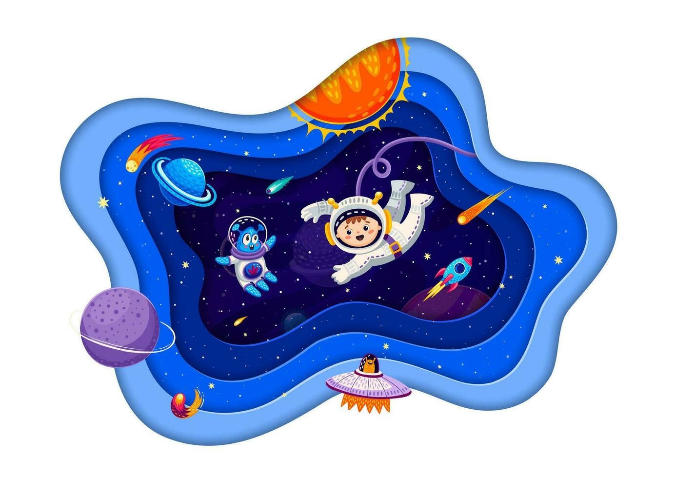 espace papier Couper dessin animé astronaute enfant, marrant extraterrestre vecteur