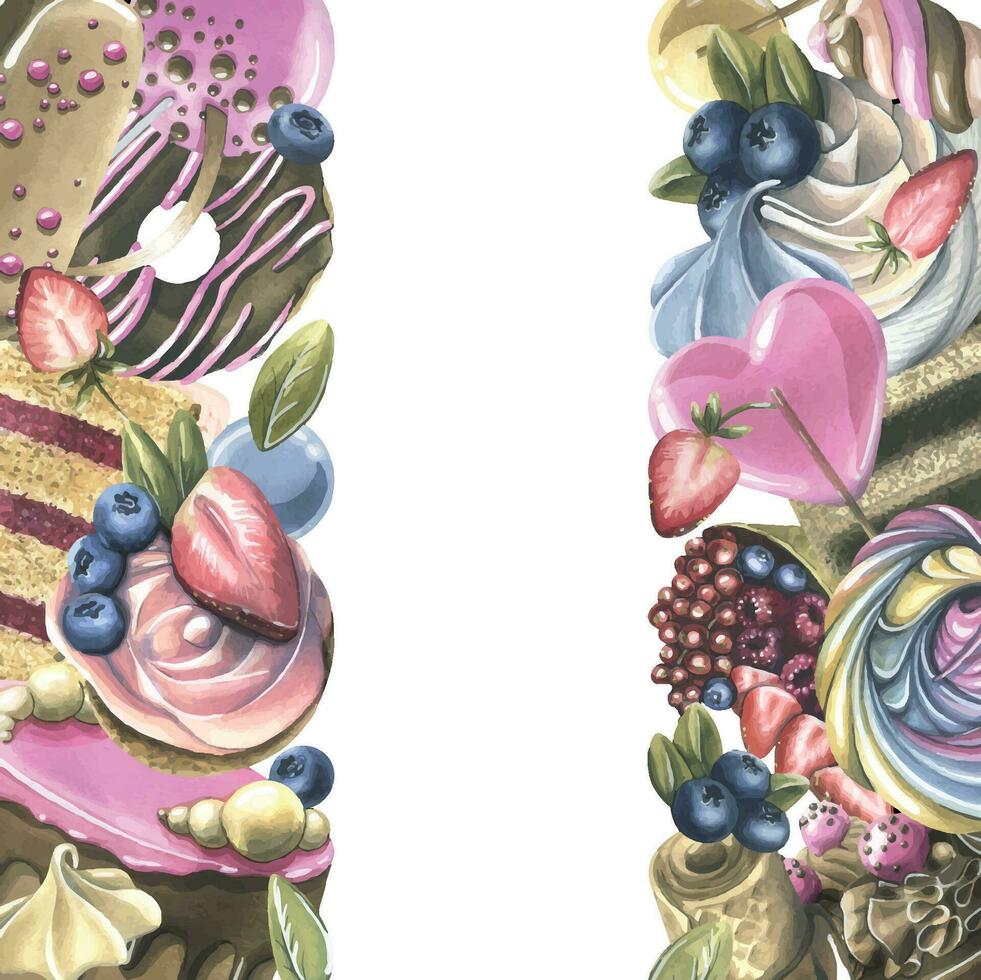 Gâteaux avec Brownies, beignets, guimauves, sucettes, des fraises et myrtilles. aquarelle illustration main dessiné. modèle, Cadre sur une blanc Contexte vecteur