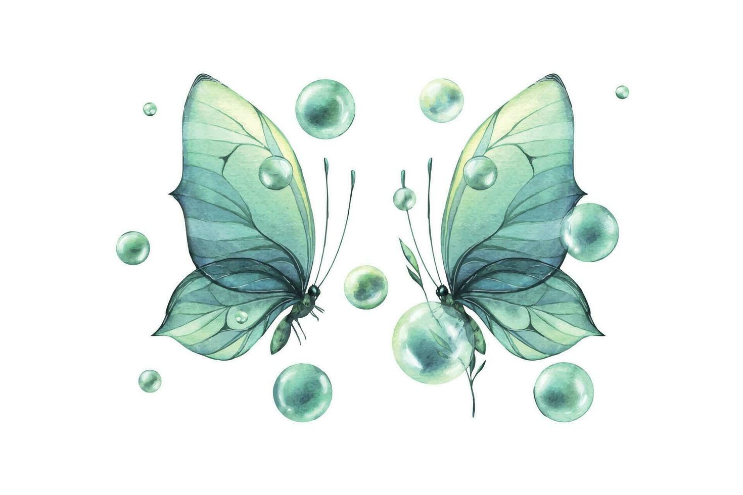 turquoise, bleu papillon, avec bulles. doux, côté voir, séance sur une branche. aquarelle illustration. pour le conception et décoration de cartes postales, affiches, logos, autocollants, invitations vecteur