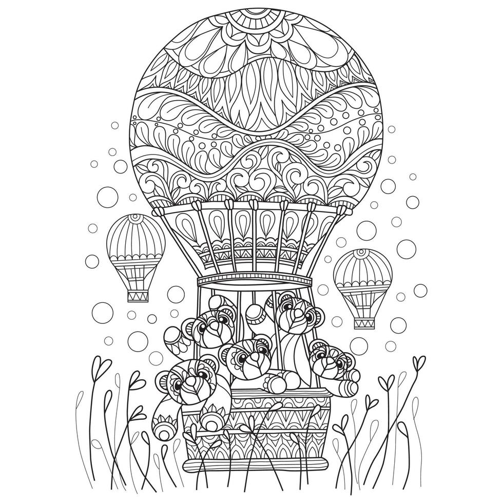 ours en peluche et montgolfière dessinés à la main pour un livre de coloriage pour adultes vecteur