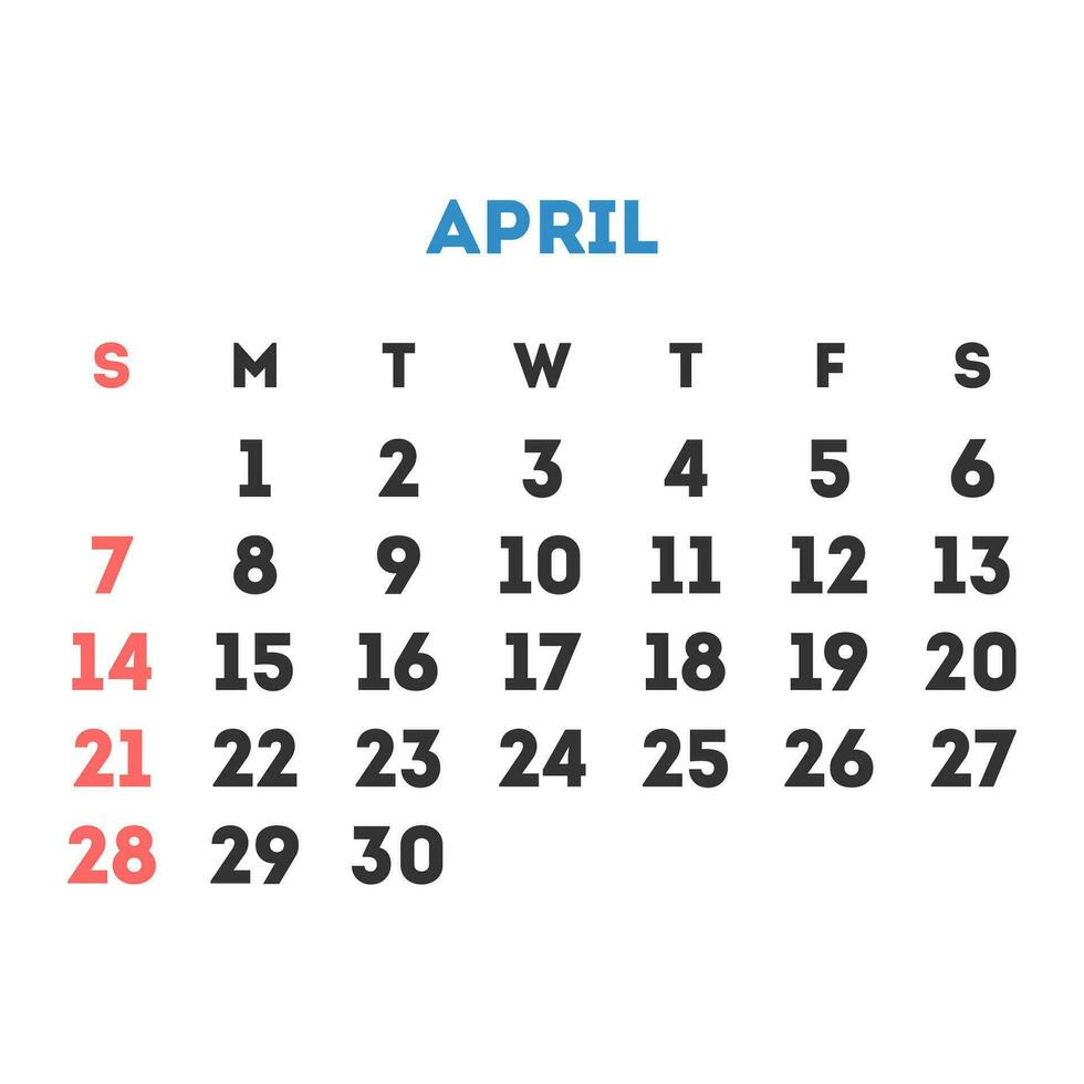 avril 2024 mois calendrier. vecteur illustration.