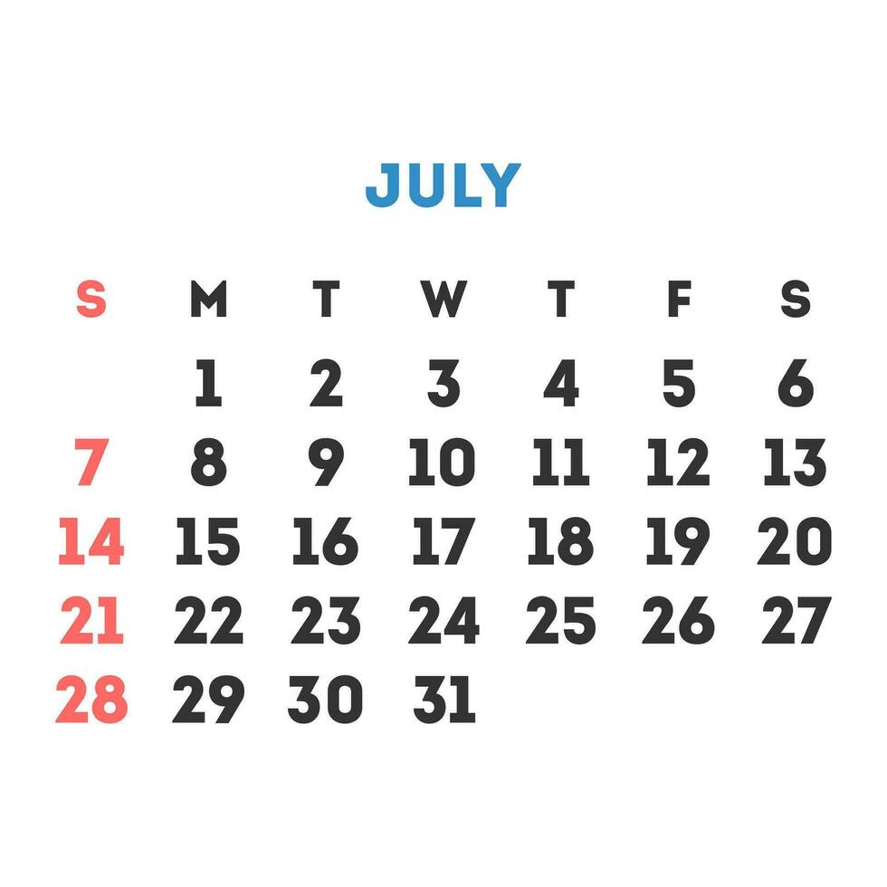 juillet 2024 mois calendrier. vecteur illustration.