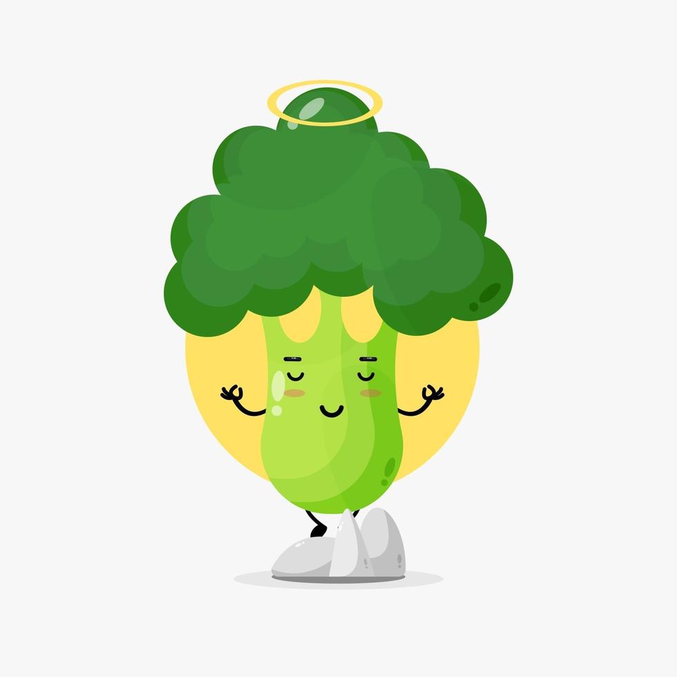 personnage de brocoli mignon méditant dans une pose de yoga vecteur