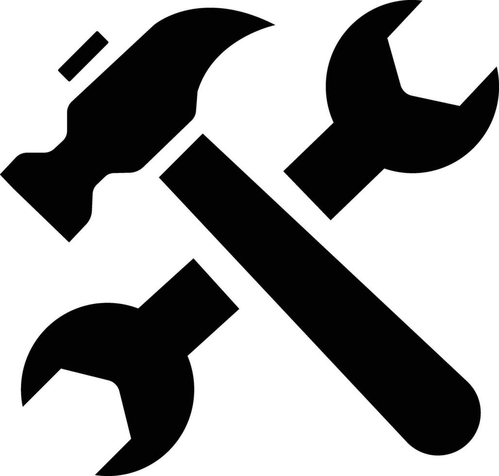 clé et marteau outil icône. vis traverser clé noir plat. réparation un service symbole vecteur
