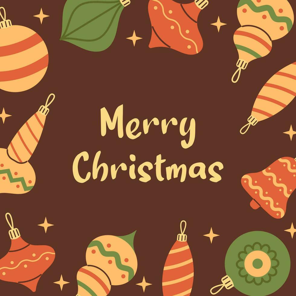 vecteur joyeux Noël carte postale ou salutation carte conception. carré modèle avec Noël boules, décorations et ornements. Noël cartes, affiches, vacances couvertures et bannières.