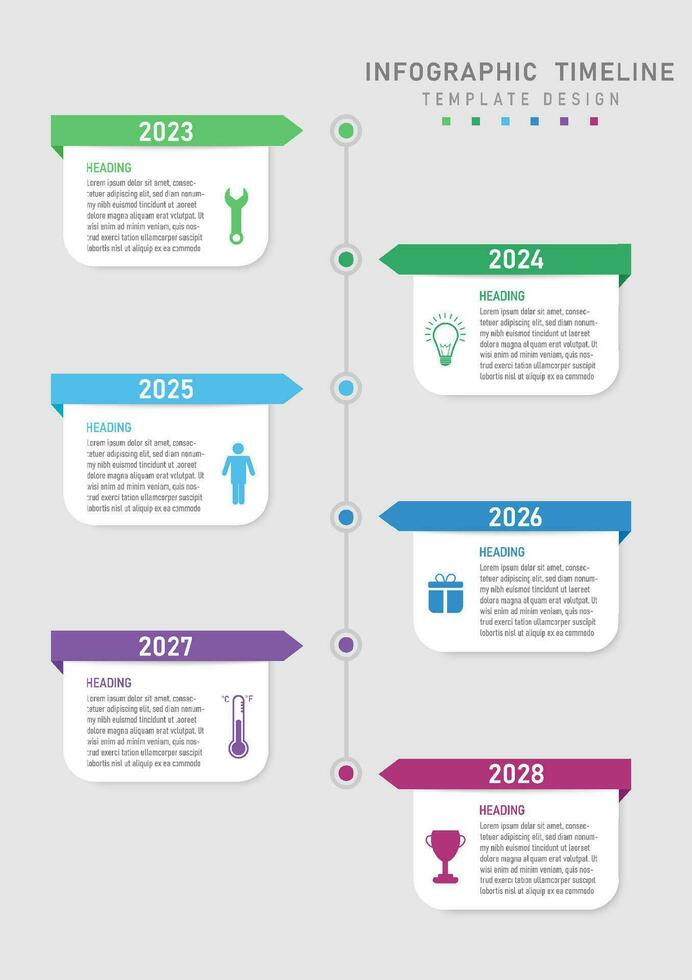 infographie modèle 6 année chronologie verticale cercle avec centre ligne sur le la gauche et droite côtés là sont blanc carrés avec multicolore à angle aigu carré des lettres, au dessus lequel sont Nombres. vecteur