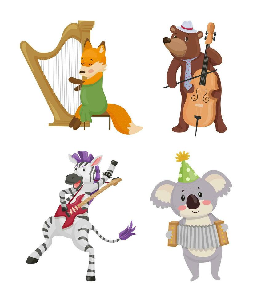 illustration de une Renard, une ours, une zèbre et une koala cette jouer musical instruments vecteur