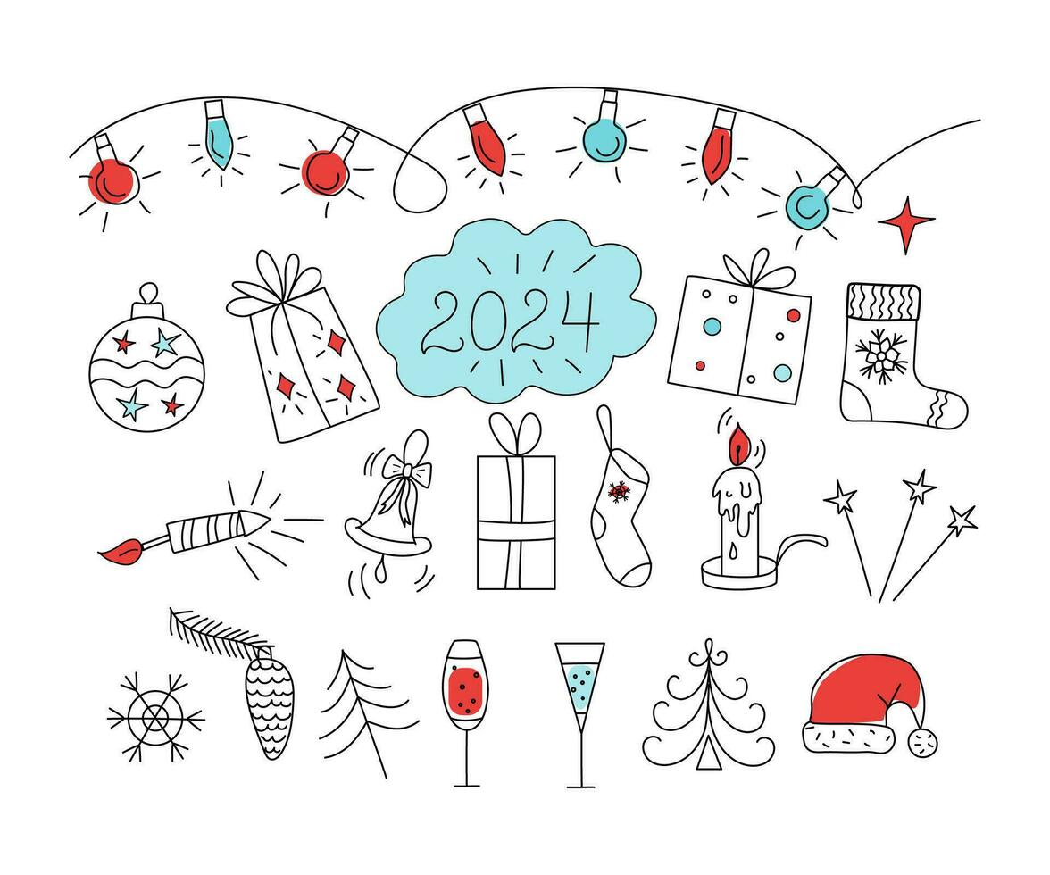 2024 griffonnage Icônes. Noël, vacances, Nouveau an. de fête conception, vecteur dessin animé dessins. Noël des arbres, cadeaux, guirlande, bougie. vin, Champagne.