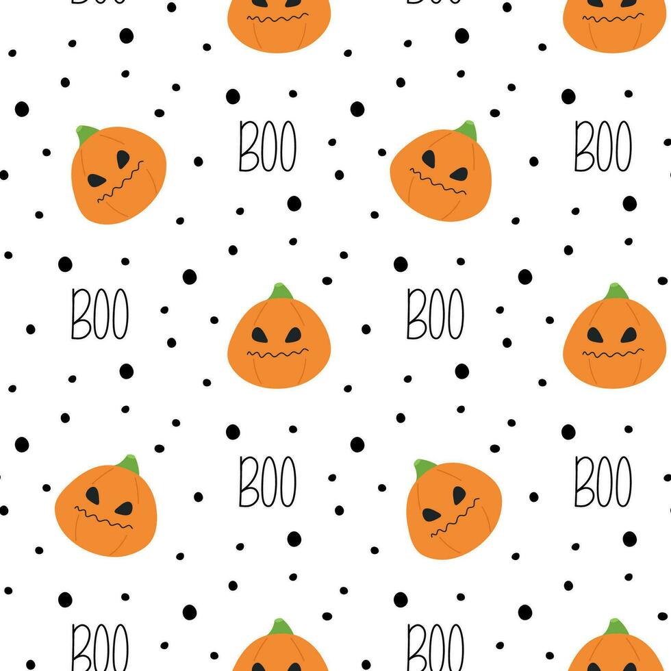 content Halloween emballage. sans couture modèle avec en colère citrouille avec points et huer pour des gamins arrière-plan, tissu, affiches, textile. mignonne vecteur terrifiant