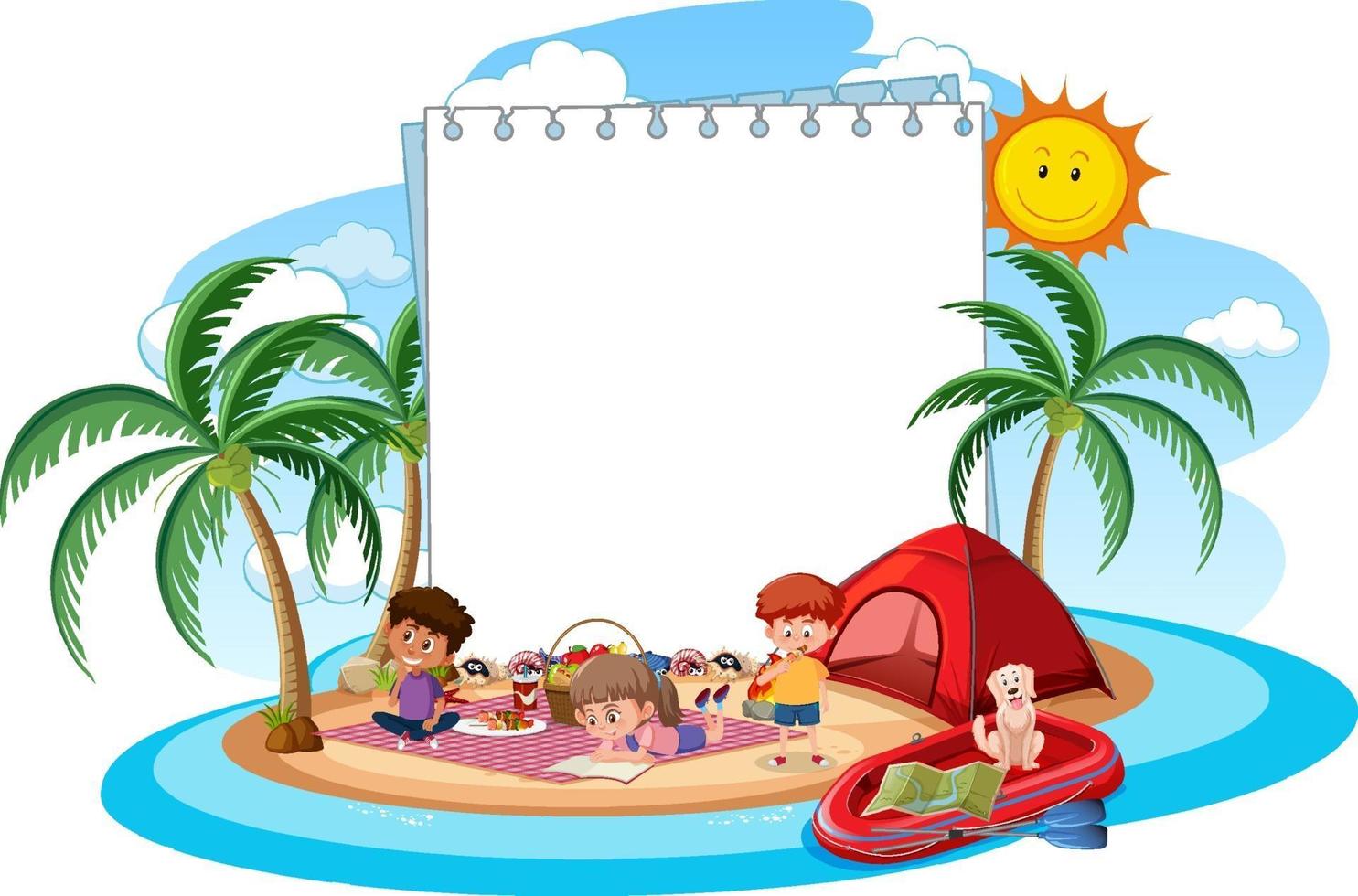 bannière vierge avec des enfants en vacances d'été à la plage isolée vecteur