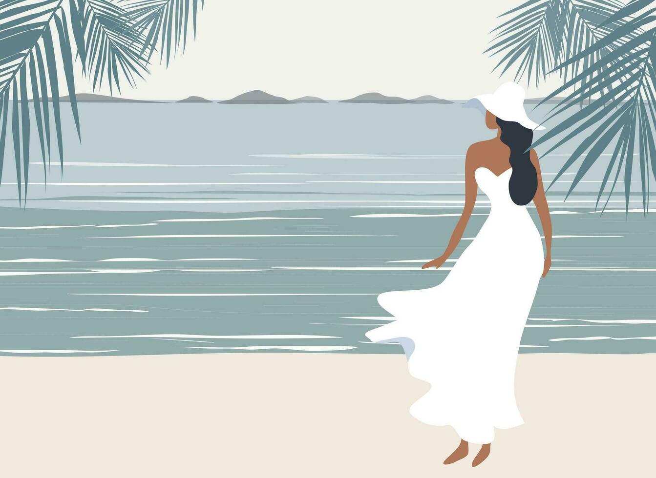 femme dans blanc robe permanent seul sur le plage vecteur illustration