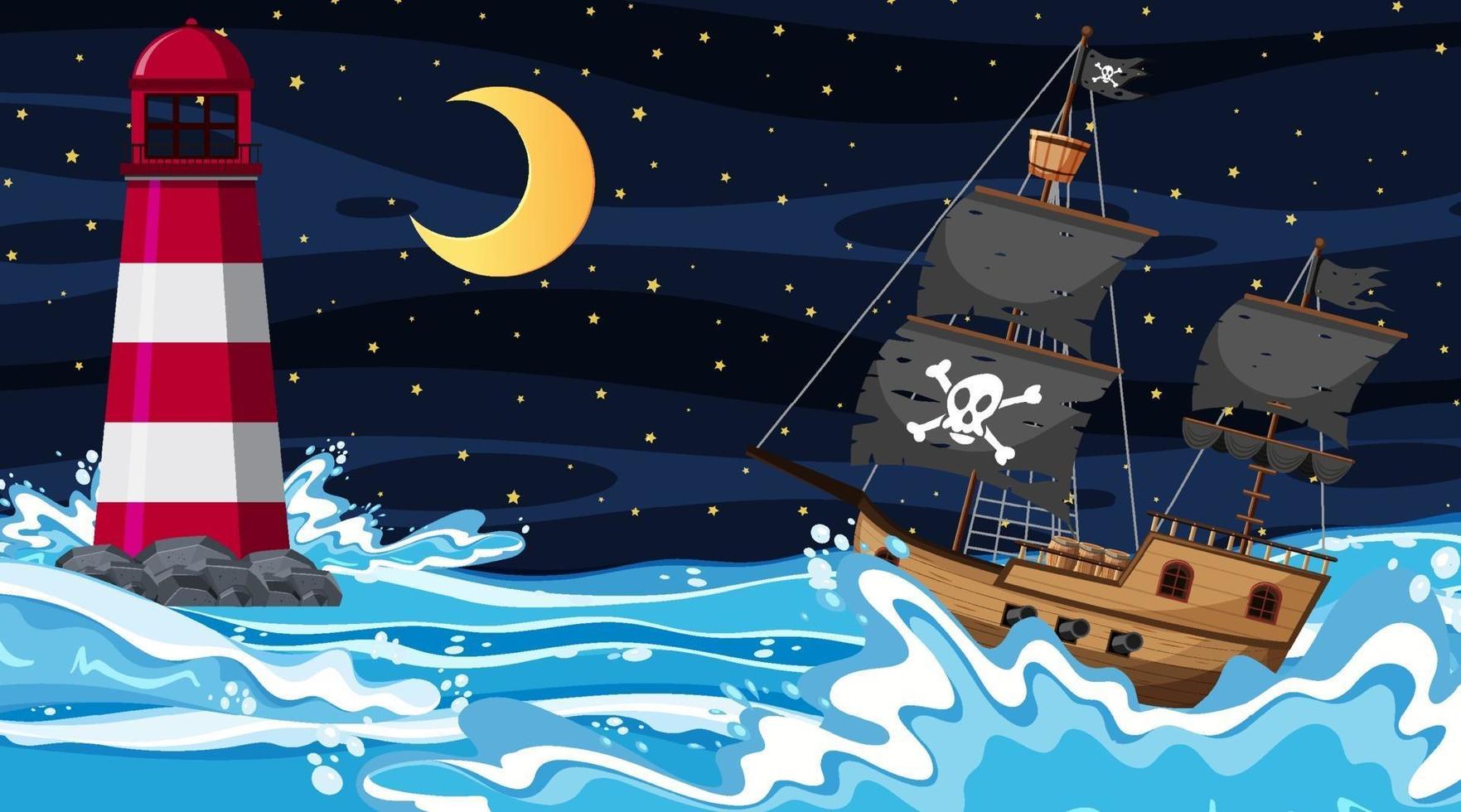 océan avec bateau pirate à la scène de nuit en style cartoon vecteur