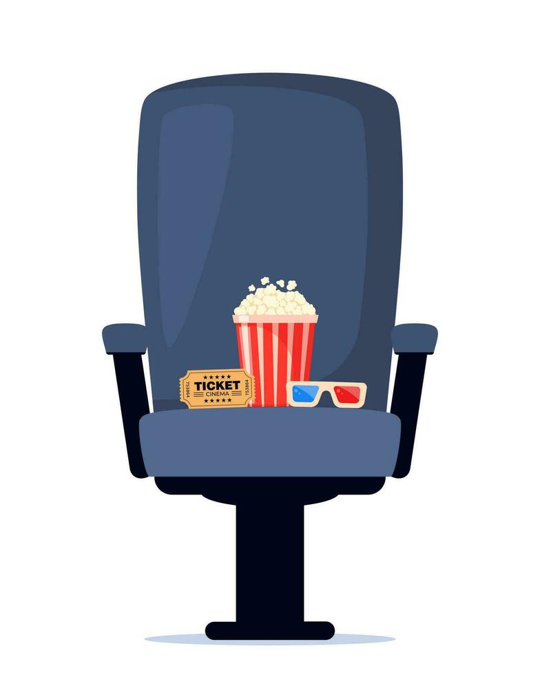 cinéma fauteuil avec un soda, pop corn et 3d lunettes. cinéma affiche, bannière conception pour film théâtre. vecteur illustration.
