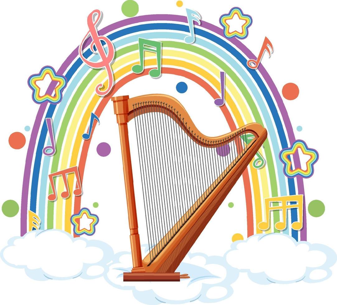 harpe avec symboles de mélodie sur arc-en-ciel vecteur