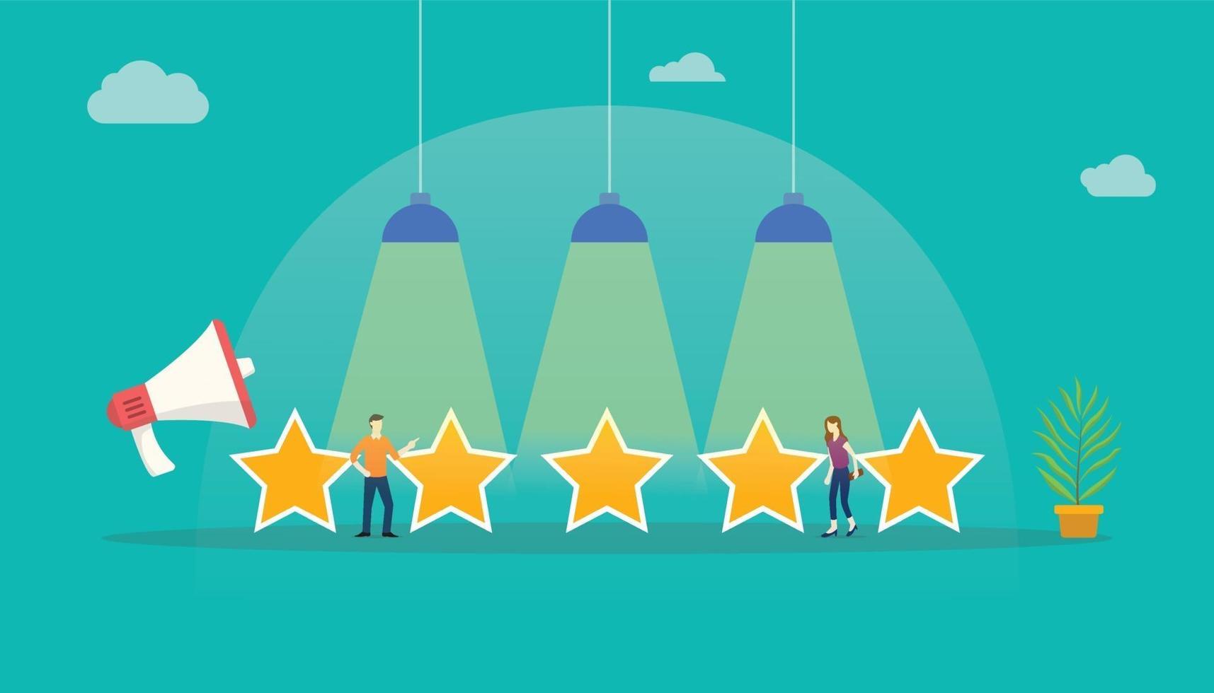 commentaires des étoiles de l'évaluation des clients avec des membres de l'équipe debout avec de grandes étoiles vecteur