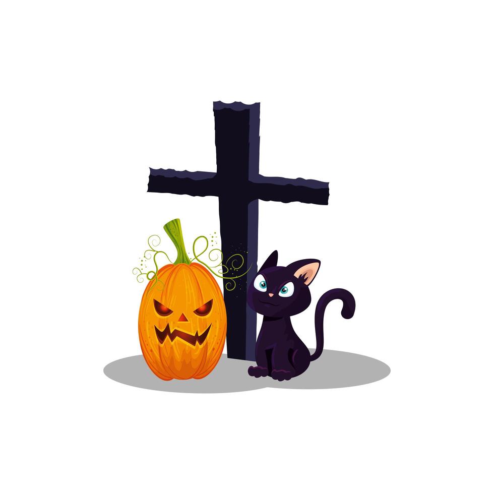 chat avec citrouille halloween et croix vecteur