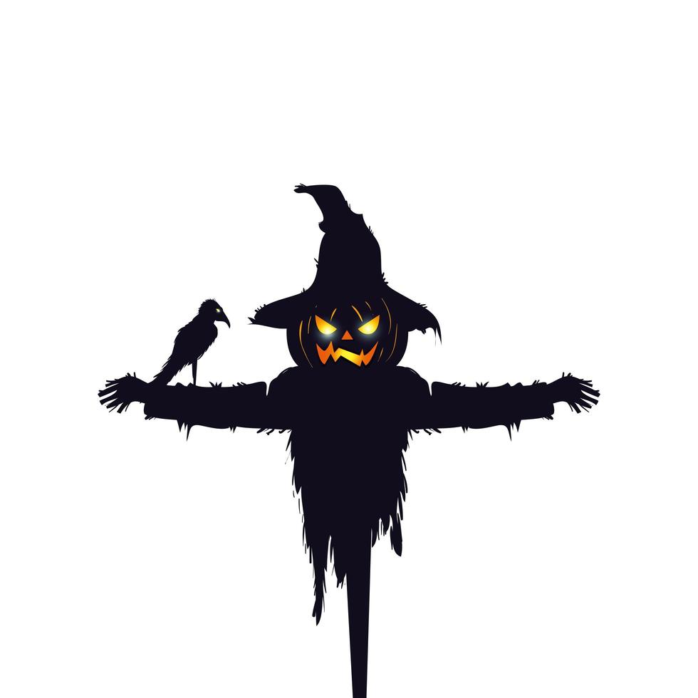 épouvantail halloween avec icône isolé corbeau vecteur