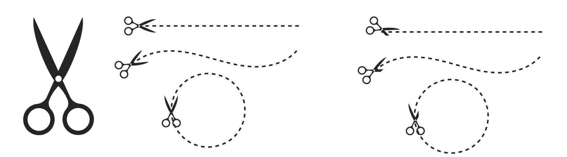 Couper ligne à pois tiret ligne guider avec les ciseaux silhouette icône, Coupe ligne icône vecteur