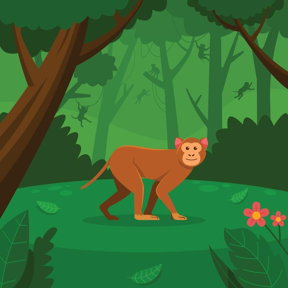 singe marchant dans la forêt verte vecteur