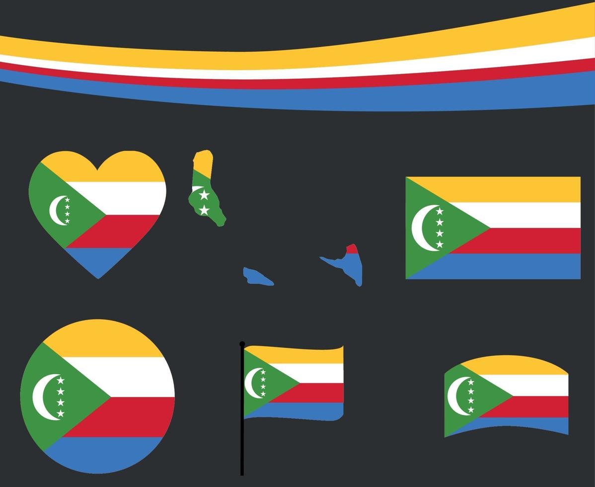 Drapeau des Comores carte ruban et coeur icônes vector illustration abstract