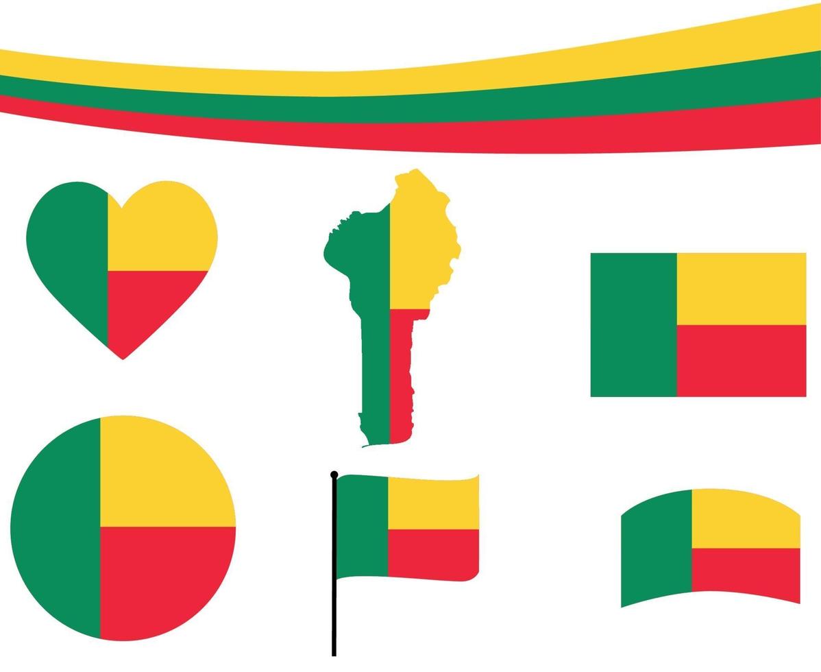 Bénin drapeau carte ruban et coeur icônes vector illustration abstract