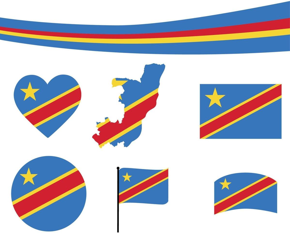 république démocratique du congo drapeau carte ruban coeur icônes vecteur