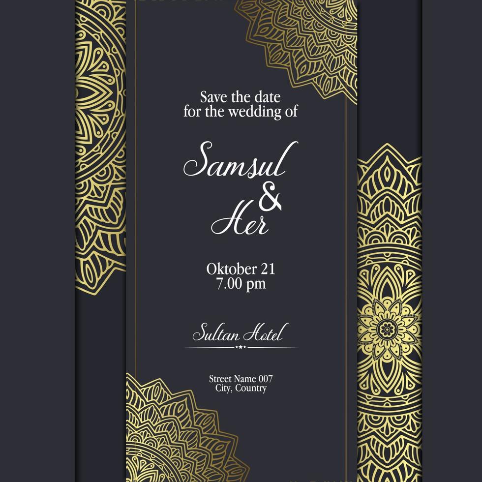 fond orné de mandala or de luxe pour invitation de mariage vecteur