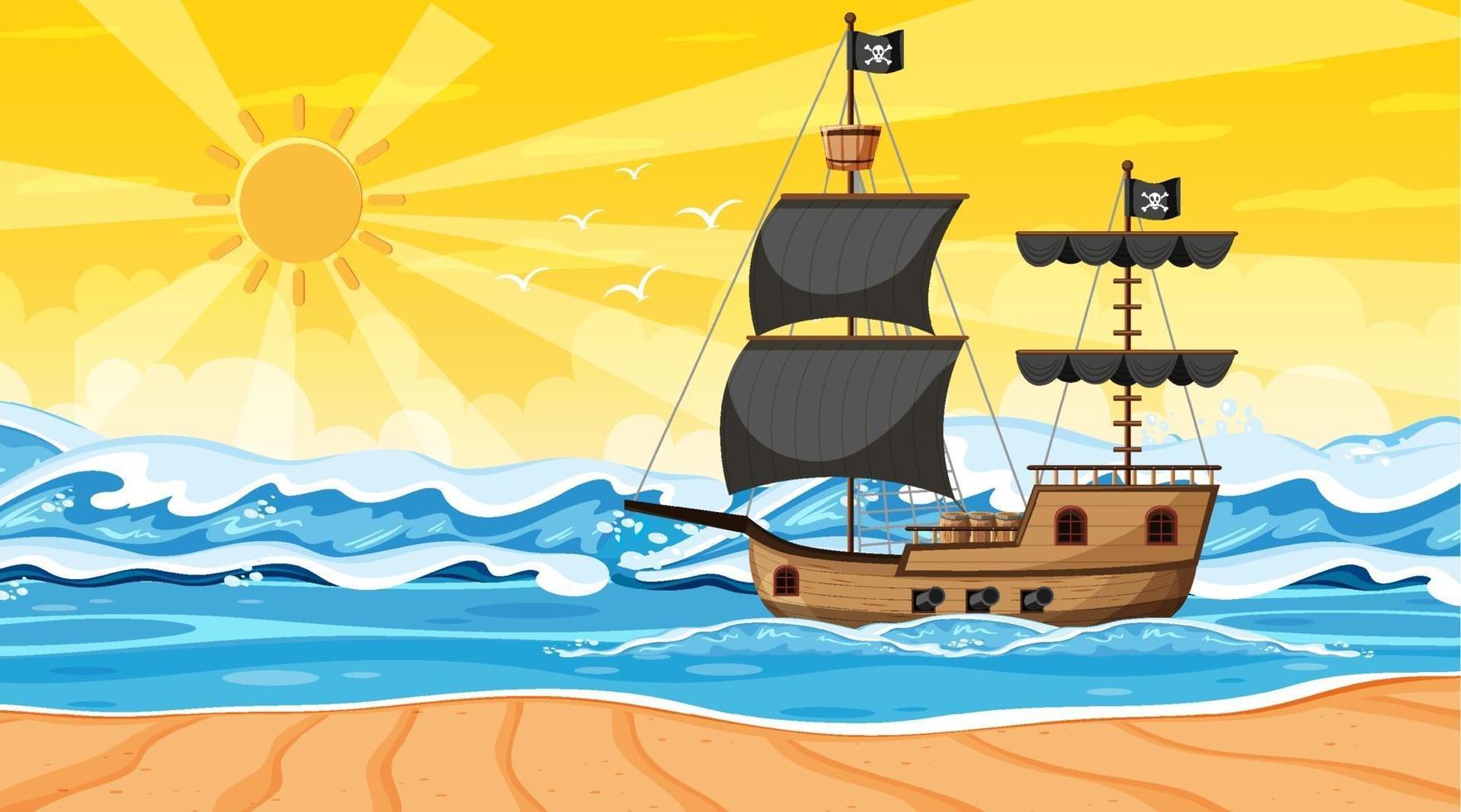 océan avec bateau pirate à la scène du coucher du soleil en style cartoon vecteur