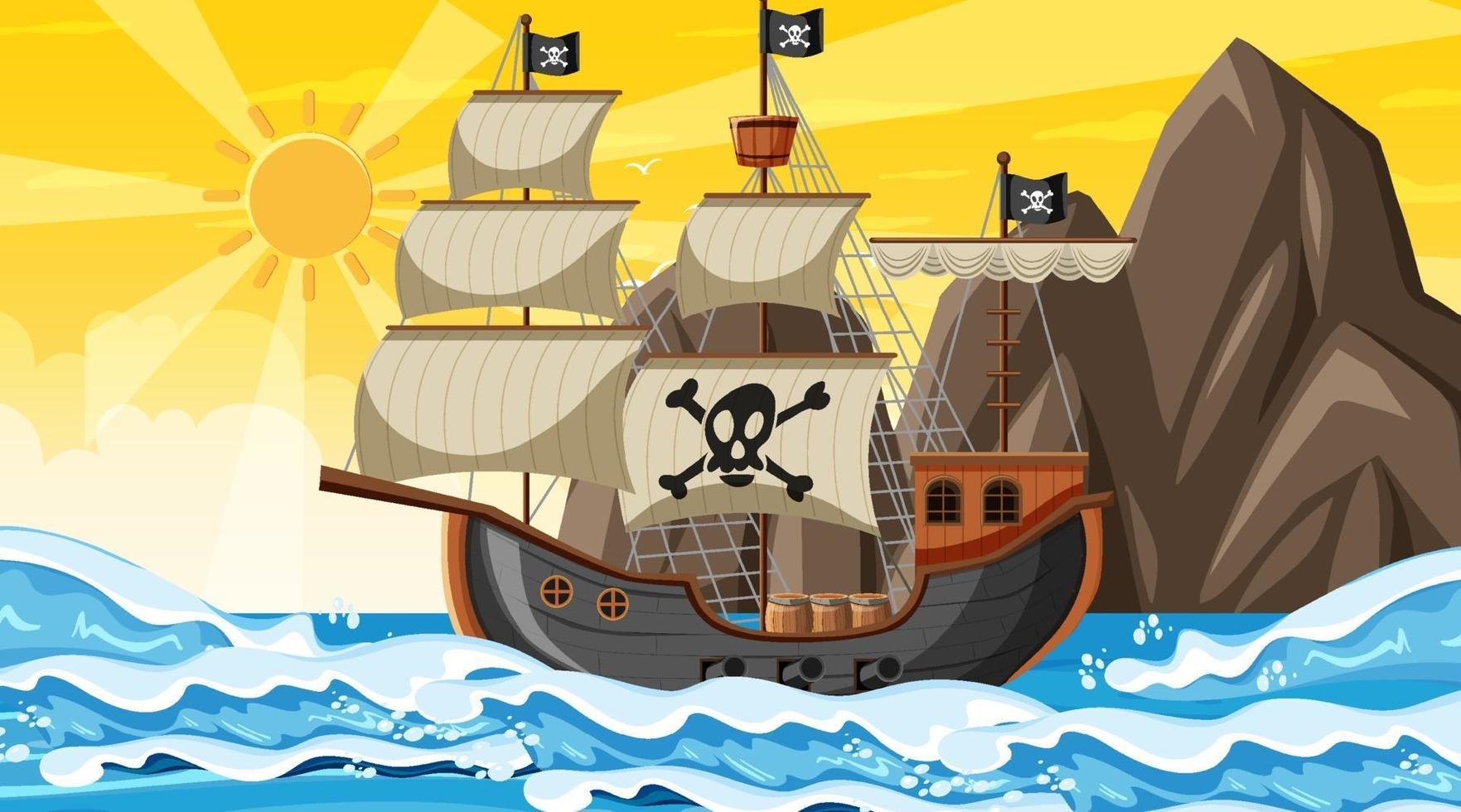 océan avec bateau pirate à la scène du coucher du soleil en style cartoon vecteur