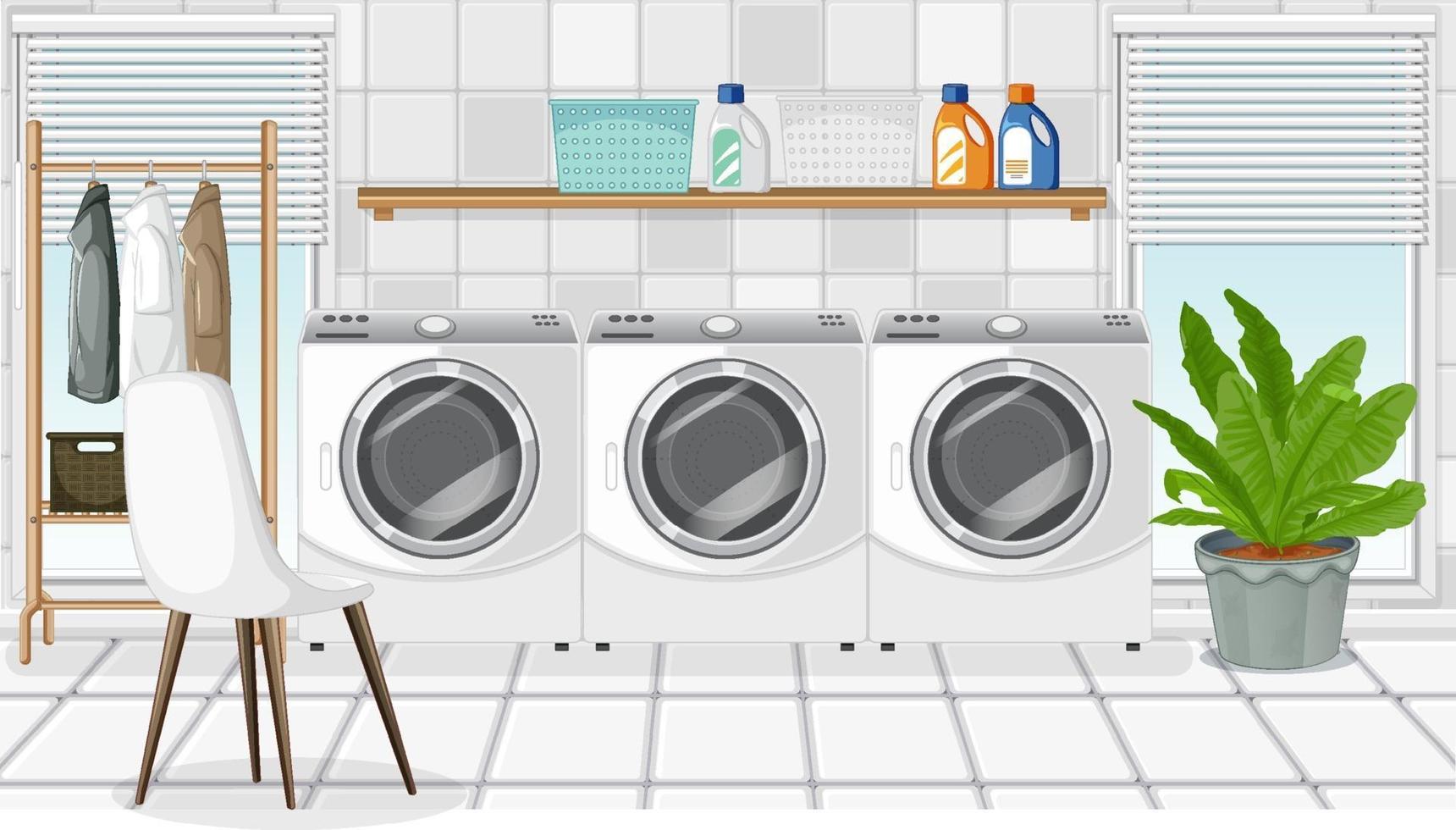 scène de buanderie avec machine à laver et cintre vecteur