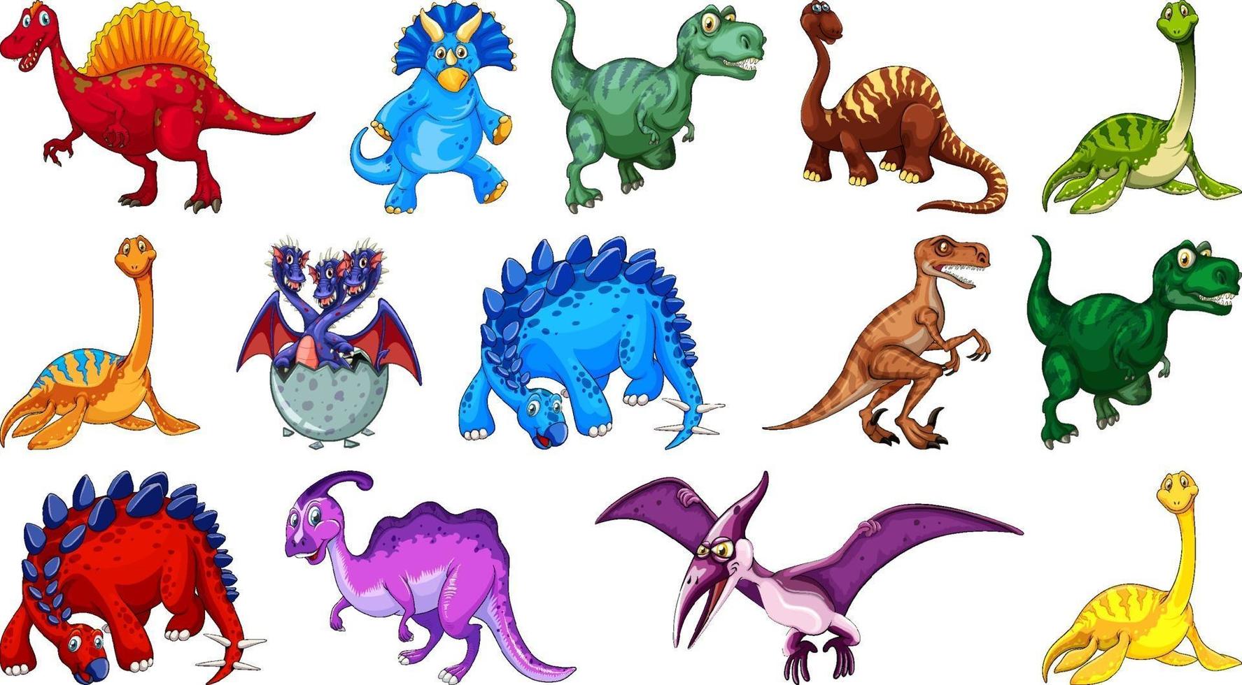 Personnage de dessin animé de dinosaures différents et dragons fantastiques isolés vecteur
