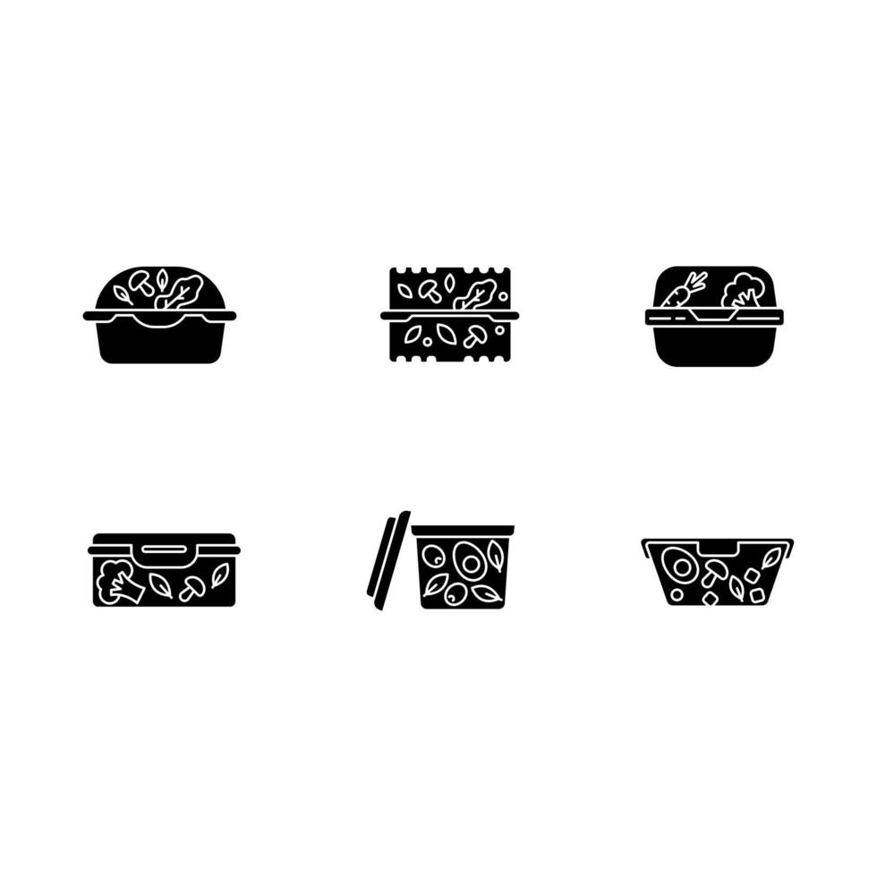 contenants de salade en plastique icônes de glyphe noir sur un espace blanc vecteur