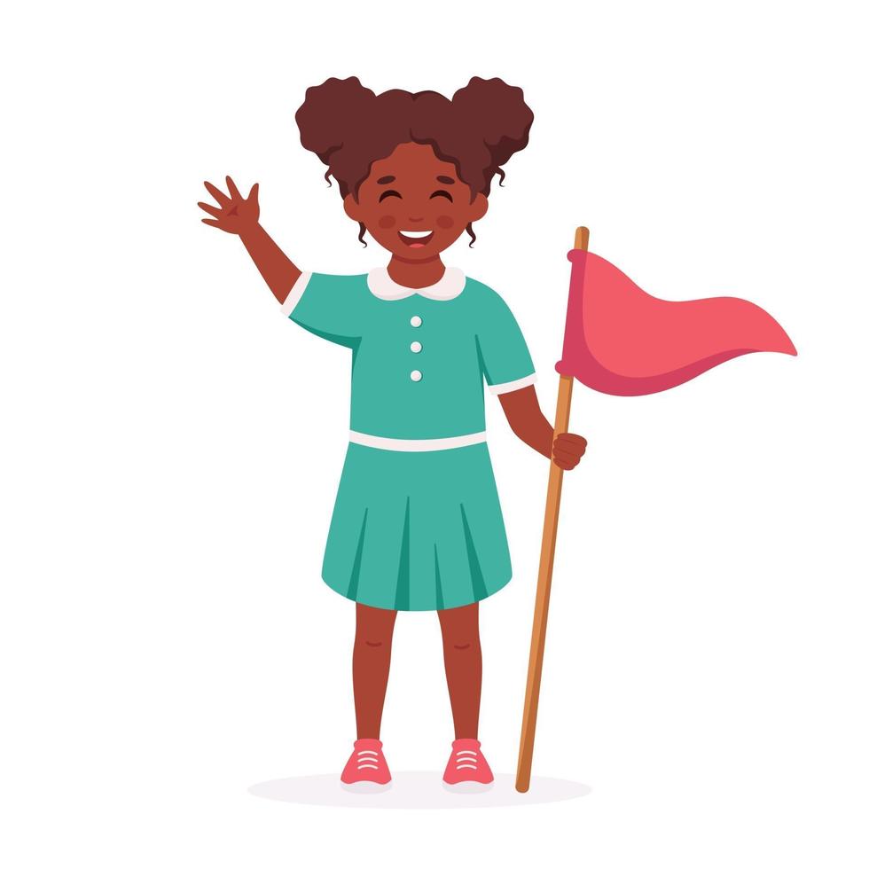 fille noire avec drapeau de camp. éclaireuse. camping, camp d'été pour enfants vecteur